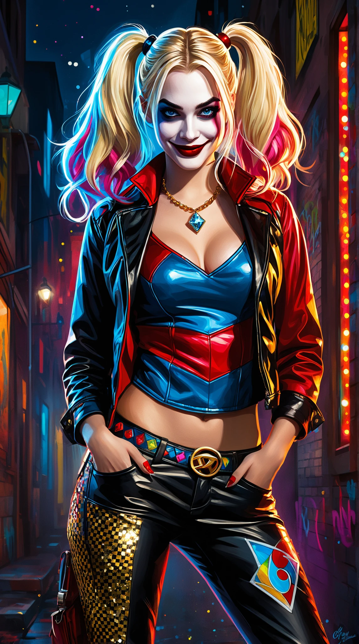 Cinematic image of Harley Quinn with colorful hair, huge breasts and thick thighs, she is wearing a pink crop top and a pleated schoolgirl skirt, she is lifting her skirt and is wearing a very transparent thong.. And Joker is watching