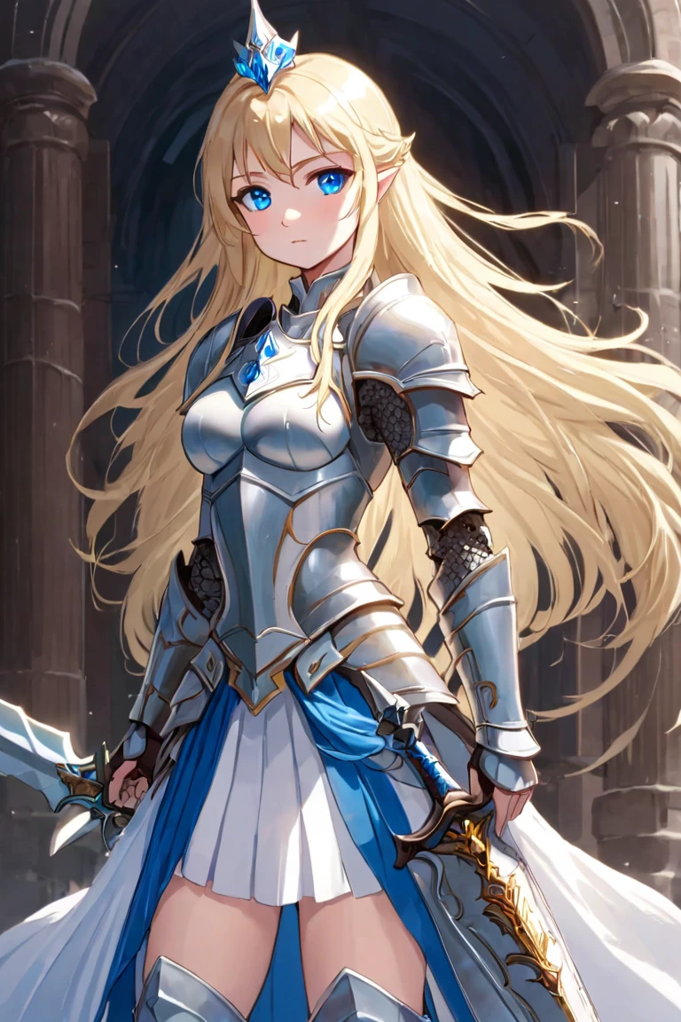 A beautiful warrior, long blonde hair, blue eyes, small breasts, armor and white pleated skirt. Tiara, Lächeln, 