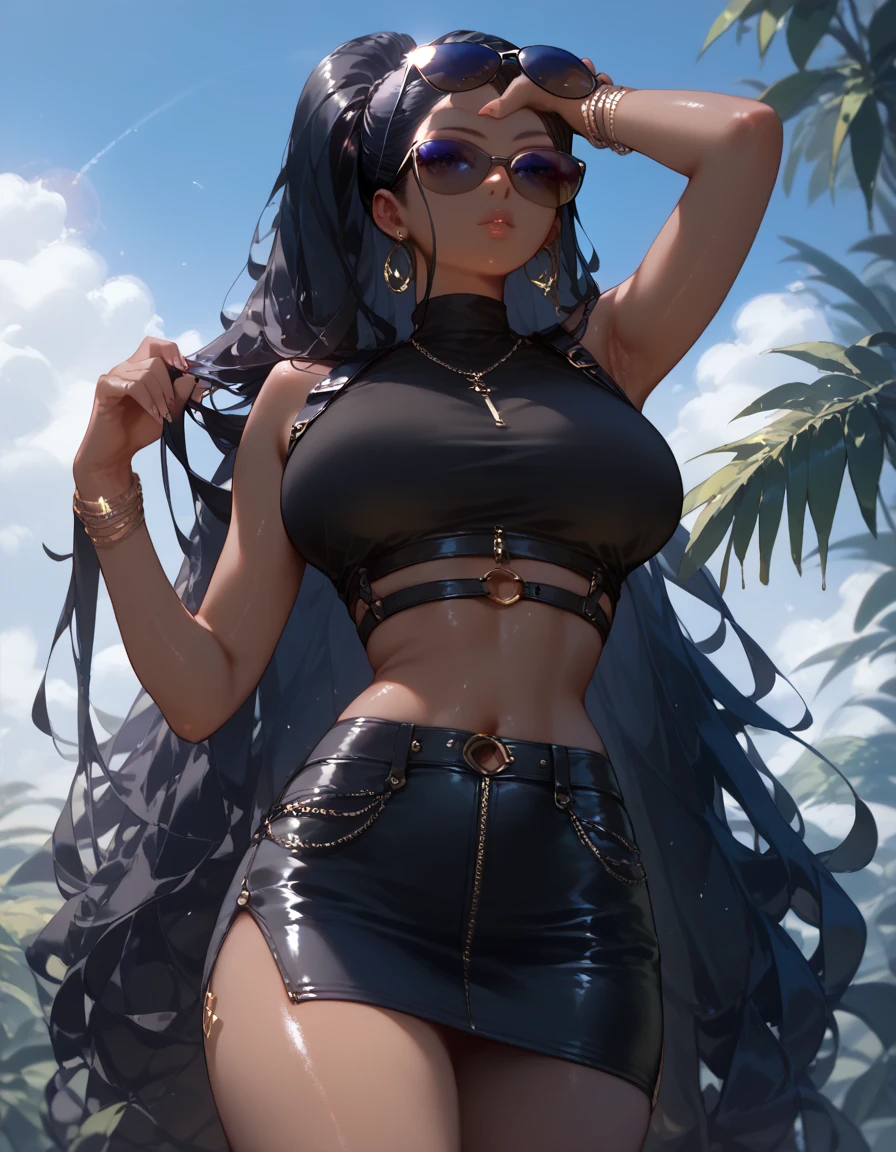 Extremely beautiful,1 girl, jewerly, breastsout, ((dancing1.4)), high-heels, darkskin, bracelet, へそ, aretes, focus only, Ankle Bracelet, dark skinned female, tummy, Blurry background, long hair, necklase, Blurry, neckleace, Bblack hair, overskirt, realisitic, へそ piercing