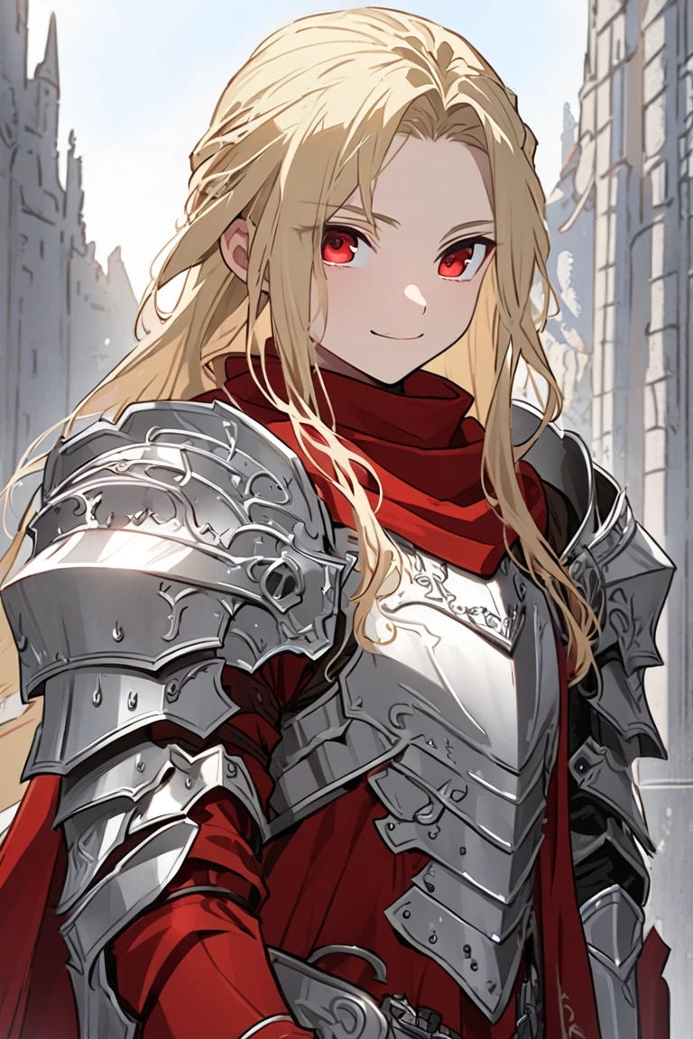 One Beautiful face young boy, Red ruby eyes, medieval Blonde long hair, silver knight heavy Armour, Red cloth, Paladin, Sacred. Smile, no helmet