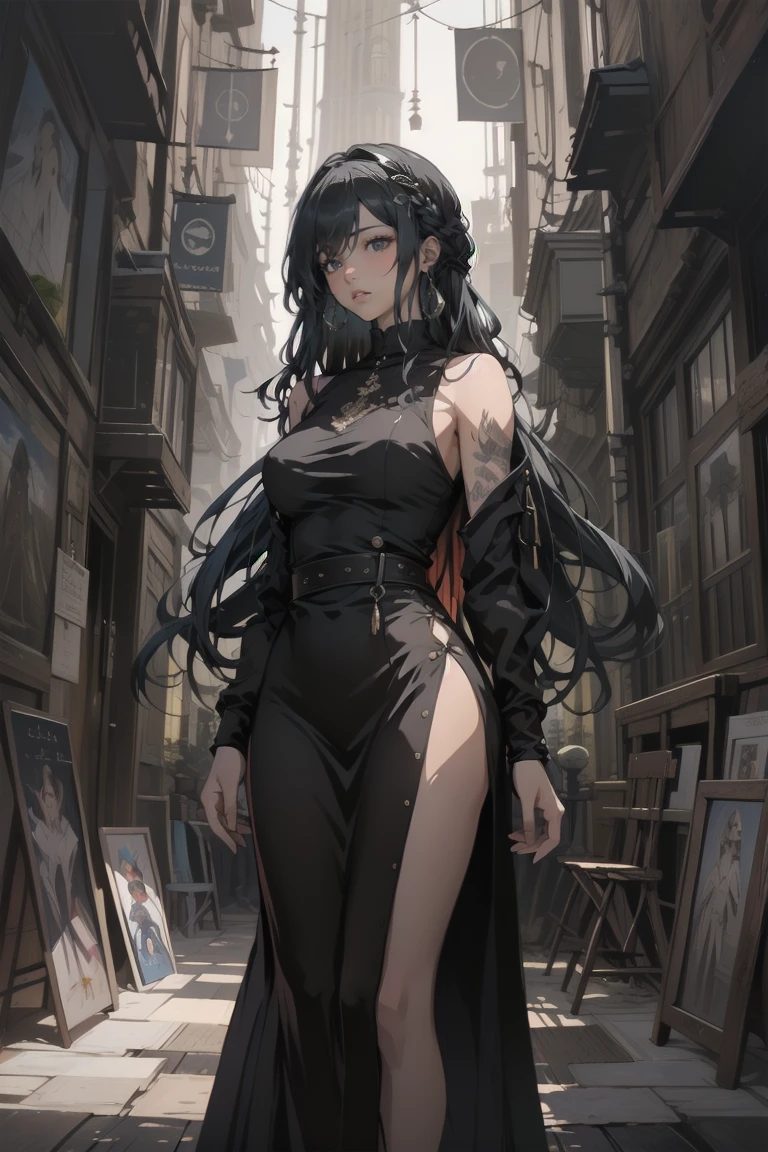 A woman,1girl, long black hair, purple gray eyes, emotionless,slim, sexy, with thin muscles that are not too rough, perfect curves.Elegant, luxurious but sophisticated style, long dress ,dynamic pose,modern background.oil painting,painting in large arrays of colors,stable colors,good coordination,no color conflicts, dynamic light,anime artstyle.look at viewer, half body