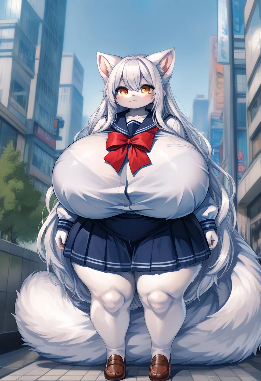 Anime style fox Furry women,full body, (gigantic breasts)(very wide gigantic hips) very long medium legs, school uniform, in the city, 