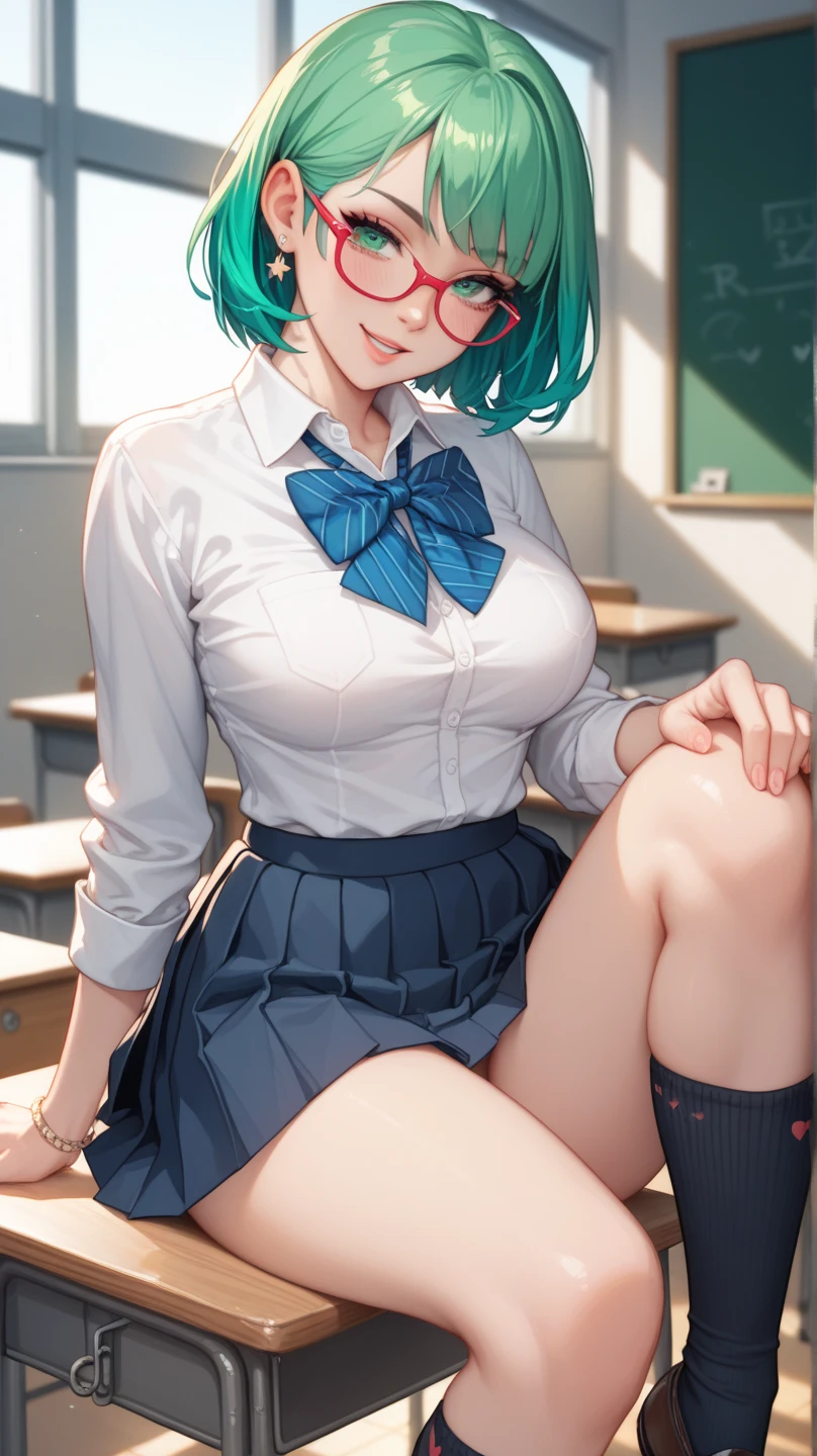 Ultra HD, 1girl, short hair, light blue hair, school uniform, spread legs, showing pussy, sitting, erotic posture, thighs, underwear, extremely blush, wet, boobs, classroom, glowing, wallpaper, sidelighting