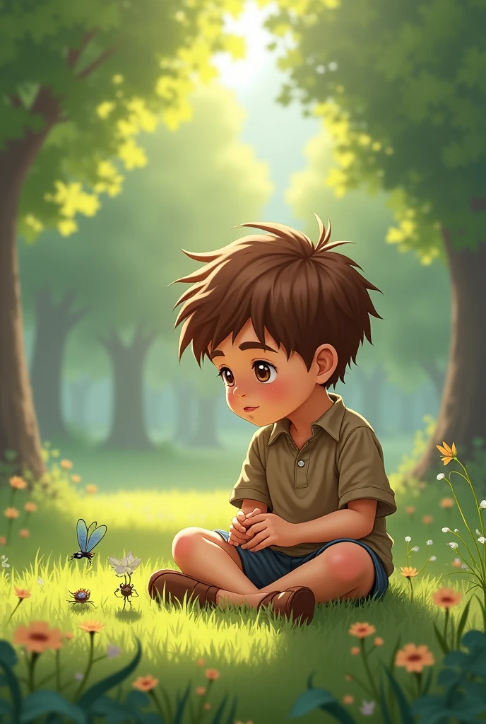 Realistic image of a ten-year-old boy alone and thoughtful, focusing your gaze of imagination under the shade of a small tree without flowers or fruit, more than there are green leaves.