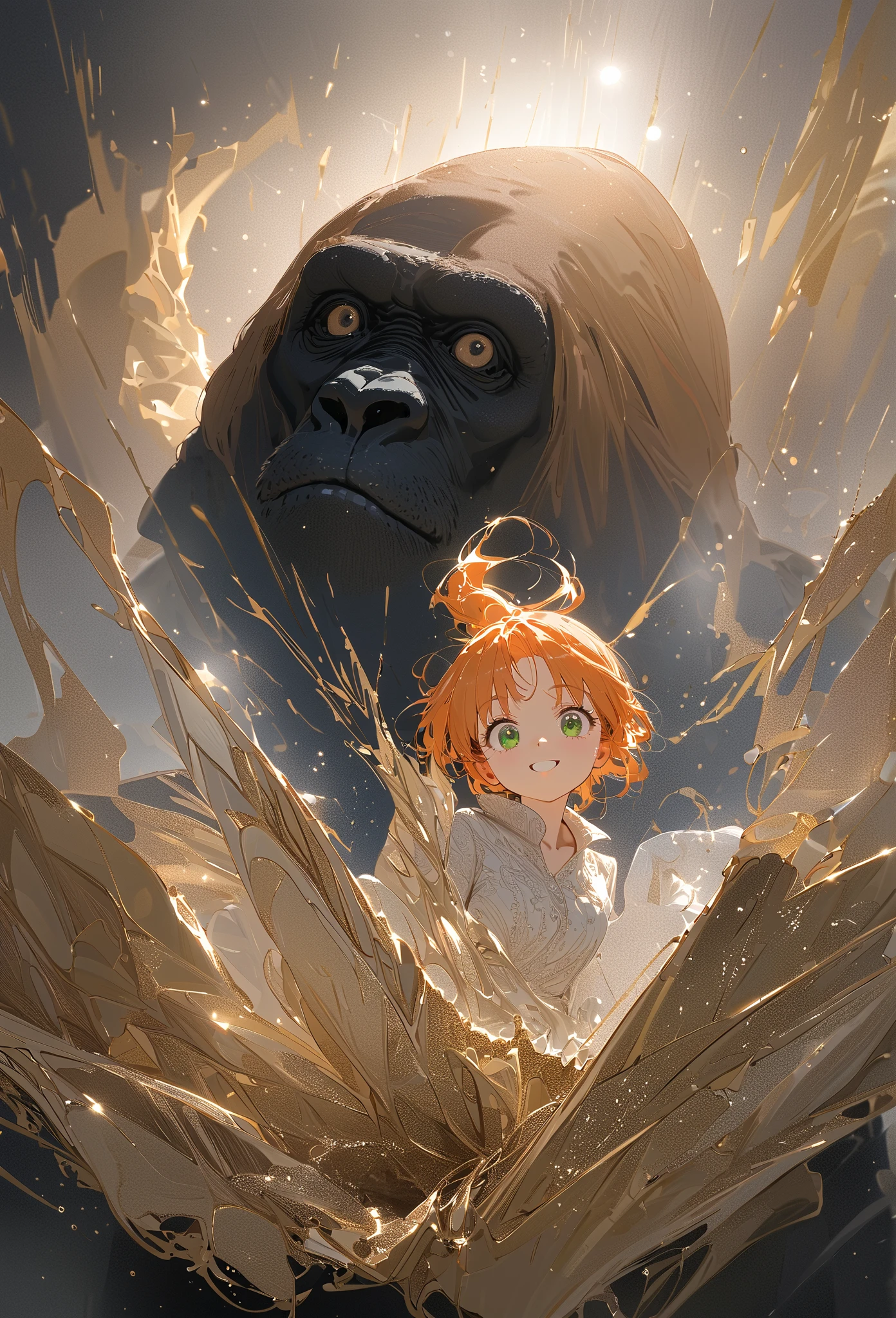 @ Takahashi ,  1 girl\( cute, orange hair, Rider Jacket  ,small breasts,Shining Green Eyes ,   big eyes,  ponytail,,(  big smile), bright smile next to the gorilla,joy). rest .background\((shrimp:1.5)  (french fries:1.5)  \),(  Hong Kong Action Film Style  :1.3),(Beautiful bokeh ). rest .quality\(masterpiece, best quality,8k,极其精细的CG单元 wallpaper,   high definition , top-quality, top-quality real texture skin,  super real , 提  high definition ,  Original photo, best quality,   very detailed ,  wallpaper, Golden Ratio ,High Density Realistic ,   bright color ,  Dramatic lighting ,   Compelling Storyline  , atmospheric lscape,   Fascinating Visual Effects ,  intricate details ,  Strong emotions ,Dream World\)