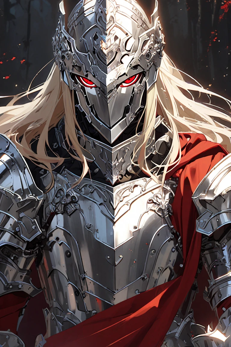 One Beautiful face boy, Red ruby eyes, medieval Blonde long hair, silver knight heavy Armour, Red cloth, Paladin, Sacred. Smile, no helmet