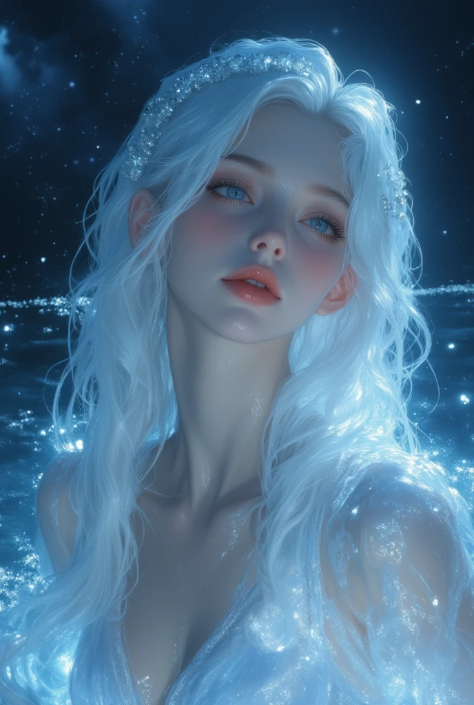  A 19-year-old European and Russian woman ,  with pure white hair like the snow that falls in waves, laegi ,  heavenly eyes ,  Pale and luminous skin . . She wears a transparent white silk dress and a pearl headband .  Her lips are marked and she has a small nose .  highlight their delicate beauty .  She is in the sea bathing on a full moon night, the stars illuminannsu, her wet hair and pale skin.. 