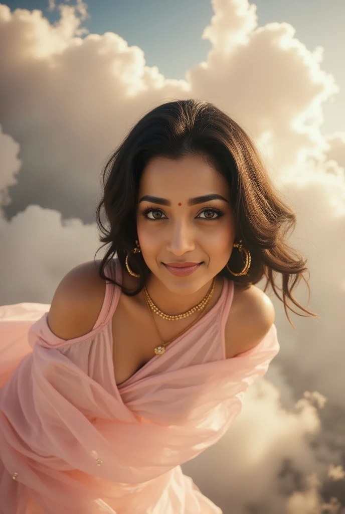 a beautiful Indian woman floating in a dreamy cloud, detailed facial features Balck hairs, elegant dress, long flowing hair, ethereal, magical, glowing skin, soft pastel colors, cinematic lighting, fantasy, digital art, intricate details, hyper realistic, 8k, best quality, masterpiece