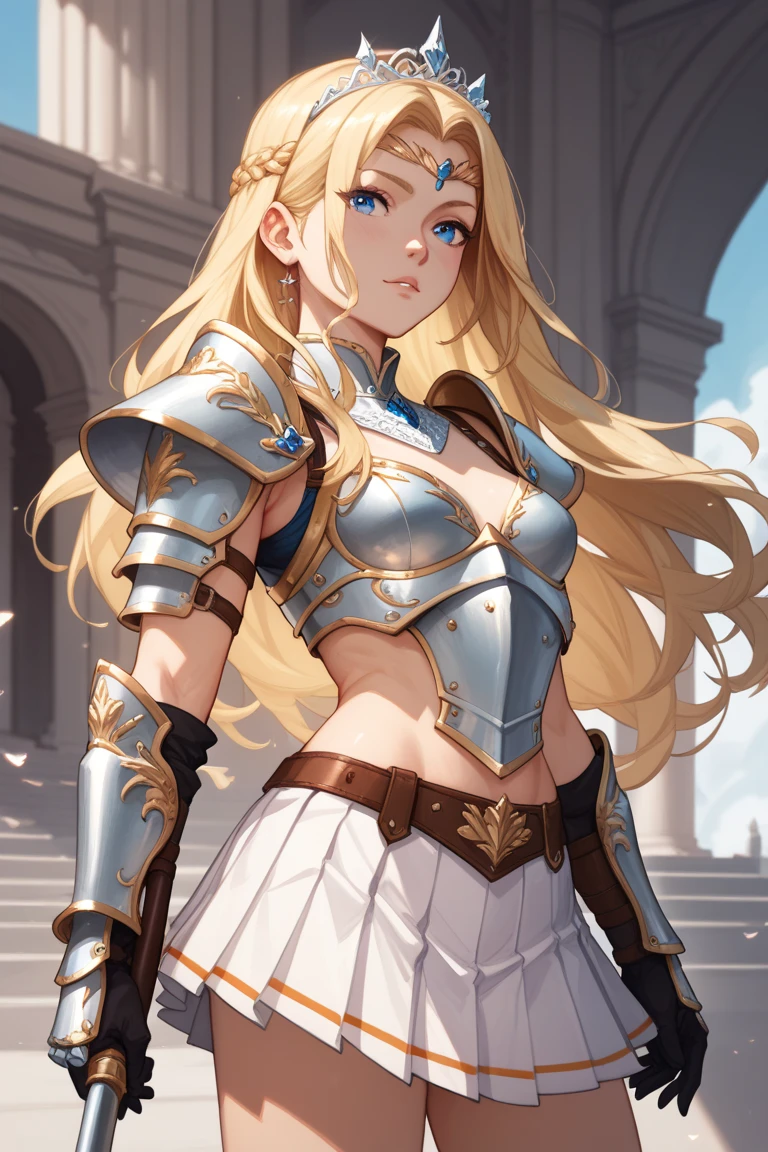 A beautiful warrior, long blonde hair, blue eyes, small breasts, armor and white pleated skirt. Tiara, Lächeln, 