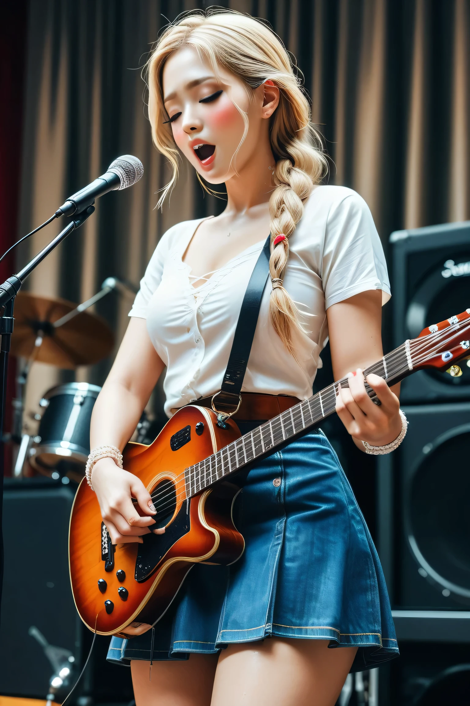 Korean woman, Intimate, face blush, long Tied-up blonde hair, beautiful thighs, feeling satisfied, wearing a skirt, Singing and playing a guitar at a stage