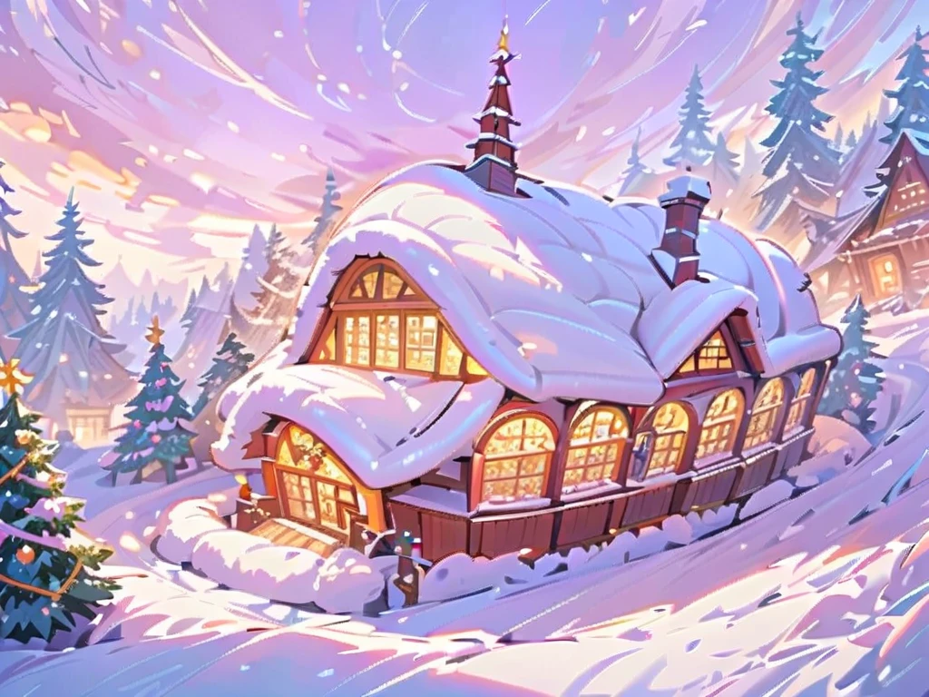 A charming village nestled amidst snow-covered pine trees, with a cozy cottage adorned with twinkling lights and a chimney emitting smoke. A reindeer sleigh is parked nearby, and a jolly Santa Claus with a big belly and a long, white beard is seen waving from the window, his red and white coat and hat adding to the festive cheer. The scene is filled with the magic of Christmas, bathed in the warm glow of Christmas lights.