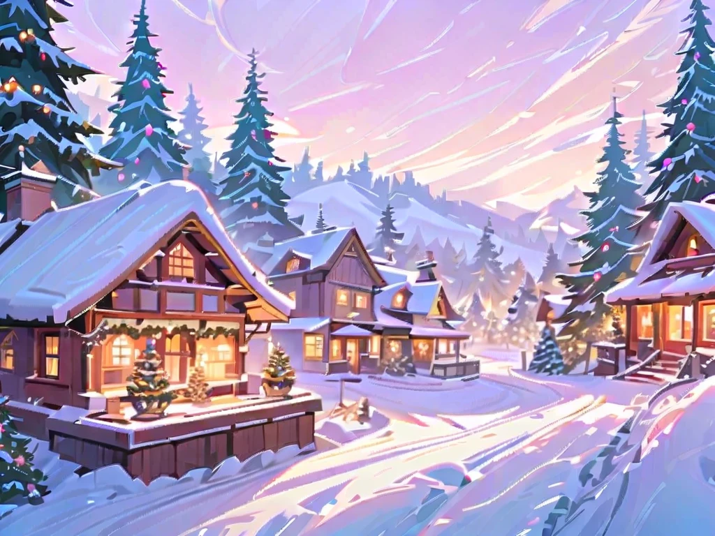 A charming village nestled amidst snow-covered pine trees, with a cozy cottage adorned with twinkling lights and a chimney emitting smoke. A reindeer sleigh is parked nearby, and a jolly Santa Claus with a big belly and a long, white beard is seen waving from the window, his red and white coat and hat adding to the festive cheer. The scene is filled with the magic of Christmas, bathed in the warm glow of Christmas lights.