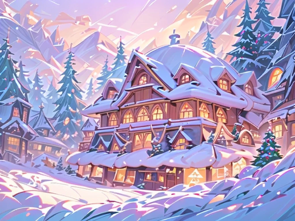 A charming village nestled amidst snow-covered pine trees, with a cozy cottage adorned with twinkling lights and a chimney emitting smoke. A reindeer sleigh is parked nearby, and a jolly Santa Claus with a big belly and a long, white beard is seen waving from the window, his red and white coat and hat adding to the festive cheer. The scene is filled with the magic of Christmas, bathed in the warm glow of Christmas lights.