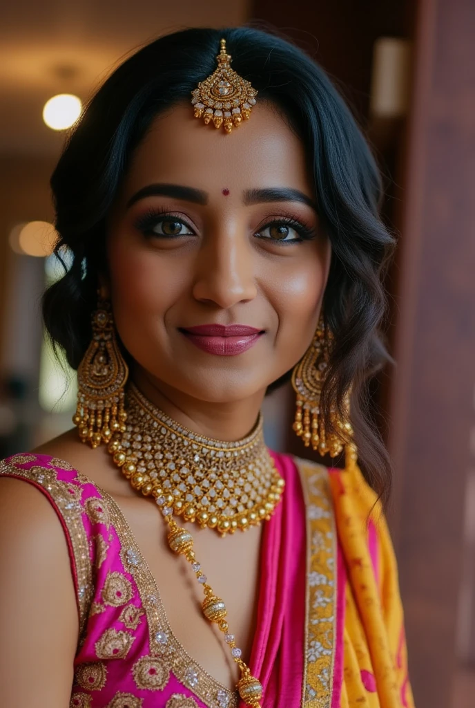 intricate detailed beautiful indian aunty,gorgeous woman in colorful saree,ornate jewelry and accessories,dramatic cleavage,extremely detailed face,hypnotizing eyes,lush lips,long eyelashes,soft skin,elegant pose,dramatic lighting,cinematic composition,rich colors,vibrant sari,photorealistic,8k,high quality