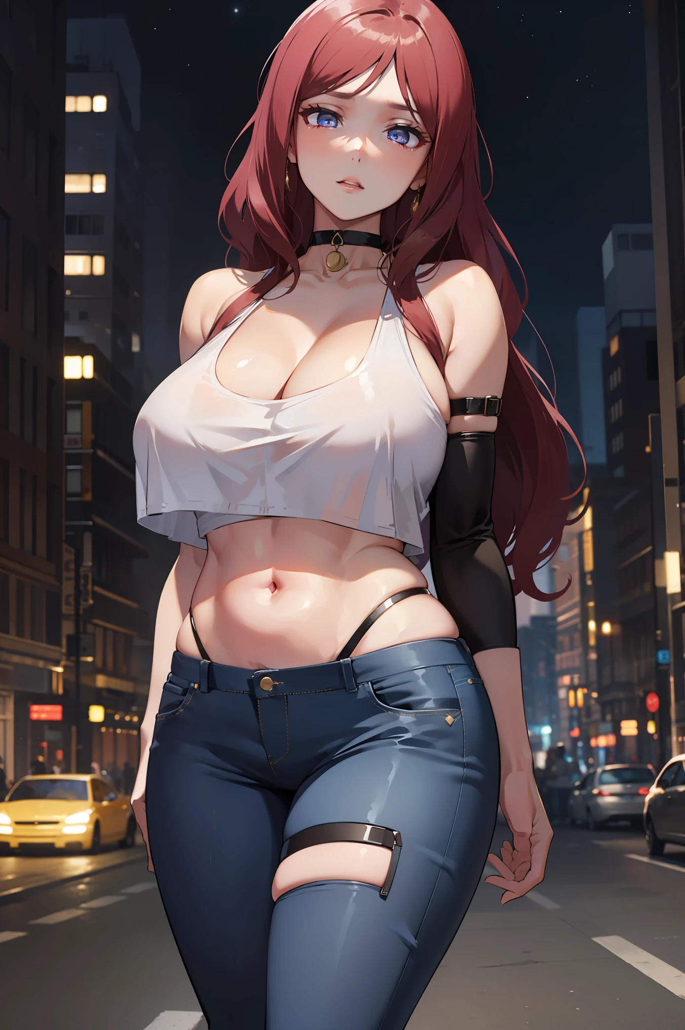 mature female,pale skin,1girl,maki_mother,purple eyes,long hair,red hair,cleavage,
BREAK ((crop top, Long Jeans, bara, crop top, choker,Thigh strap, Head tilt:1.2)), 
BREAK (massive enormous huge thicc butt),(ultra gigantic massive enormous huge breasts),outdoors,cityscape,city lights,night sky,night,aurora,standing,looking at viewer,
BREAK (masterpiece:1.2), best quality, high resolution, unity 8k wallpaper, (illustration:0.8), (beautiful detailed eyes:1.6), extremely detailed face, perfect lighting, extremely detailed CG, (perfect hands, perfect anatomy),