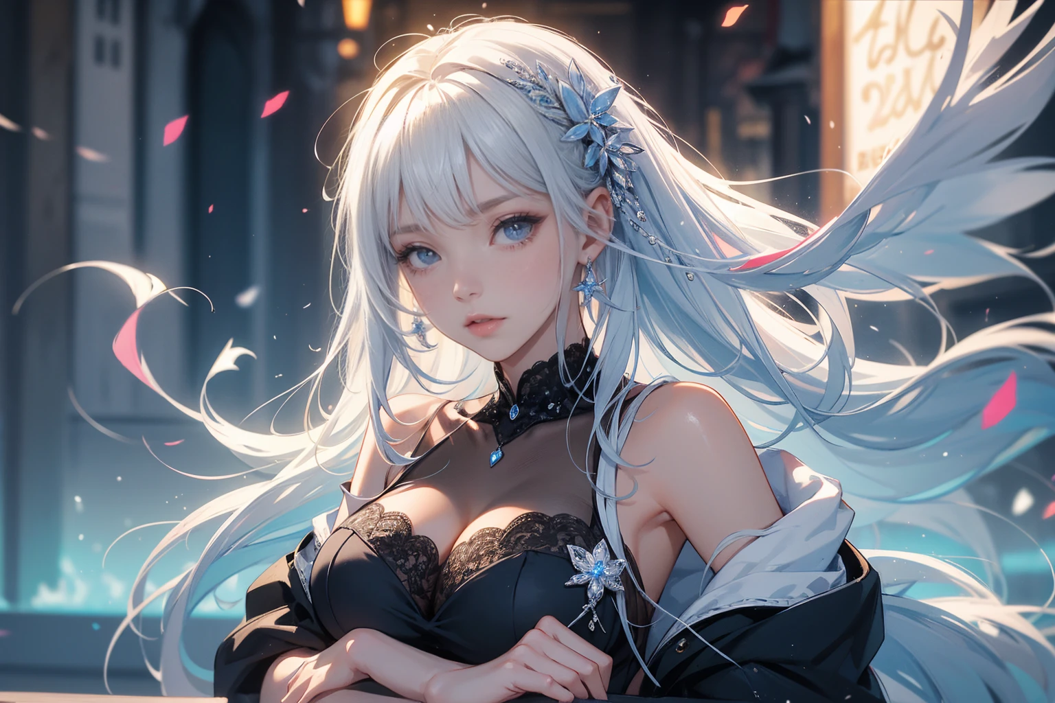 Realistic, Hyper Detail, Girls Only, Layered Bob, Dynamic Lighting, ((Bold imaginative pose)), (Glossy skin: 1.5), Masterpiece, Top Quality, Absurdity, Watching Viewer, (Blonde and Pink Hair), deep Purple Clear Eyes,((Beautiful, detailed eyes, jewel-like eyes, colorful eyes, sparkling eyes:1.3)), Slender, High Resolution, Sharp Focus, Depth of Field, Detail Eyes, Sharp Eyes, (Realistic Eyes)), outdoors, sunrise sky, (attractive delicate design river trimmed lace dress, (intricately patterned silver armor wearing): 1.3))