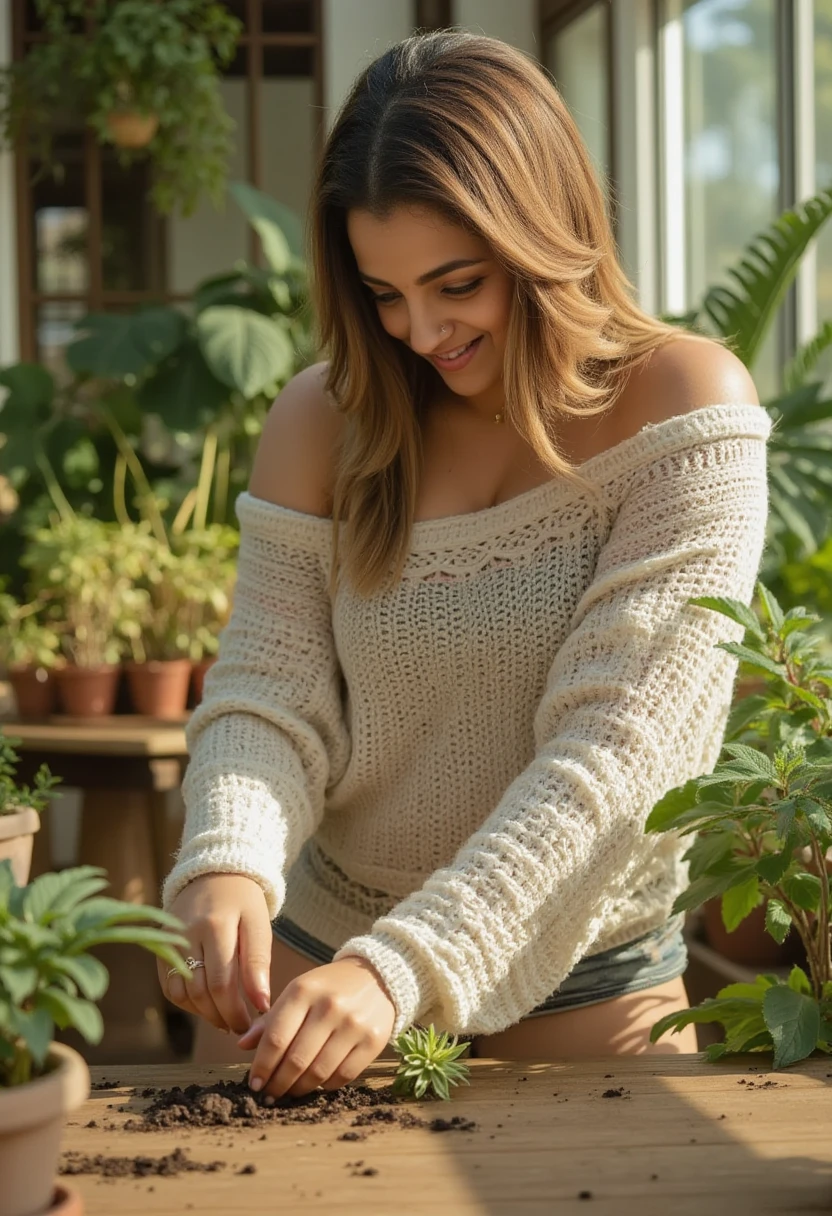 Surrounded by lush greenery and potted plants, she leans over a rustic wooden table, delicately planting a tiny succulent. Her curls are partially tied back, with strands framing her face as she smiles softly. She wears an oversized, off-shoulder knit sweater that reveals one shoulder and hints at her collarbone and figure. Her shorts display her thick, muscular thighs, catching the sun streaming through glass panes above. The setting glows with golden green light, and the color palette is a blend of sage, soft cream, and amber, giving a warm, peaceful atmosphere
