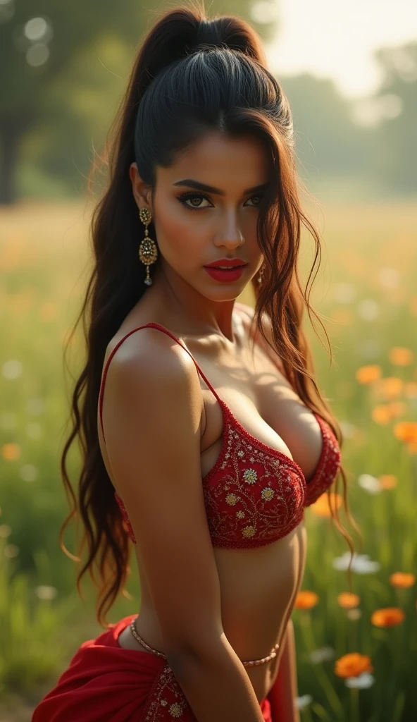 Beautiful ,23 years young girl,confident looking,8k,realistic,dark brown hair,fair skin, indian,long hair,clear facial features, showing cleavage, wearing frok, nose ring, beautiful red color and flowers 🌷🌹and hairs on face make it seductive effect, full body picture, red rose lips