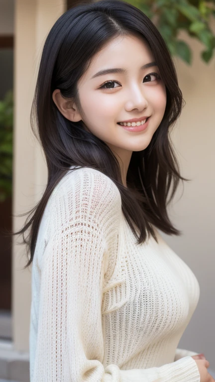 highest quality, masterpiece, ultra high resolution, (realistic:1.4), Raw photo, (18 year old female), (very beautiful black hair shortcut), Very cute face like the most popular Japanese idol, Round face raccoon face, ((very beautiful big black eyes)), Knitted sweater, upper body, Big Laugh, very beautiful lips, very beautiful skin, very beautiful long eyelashes, slender body, boobs,