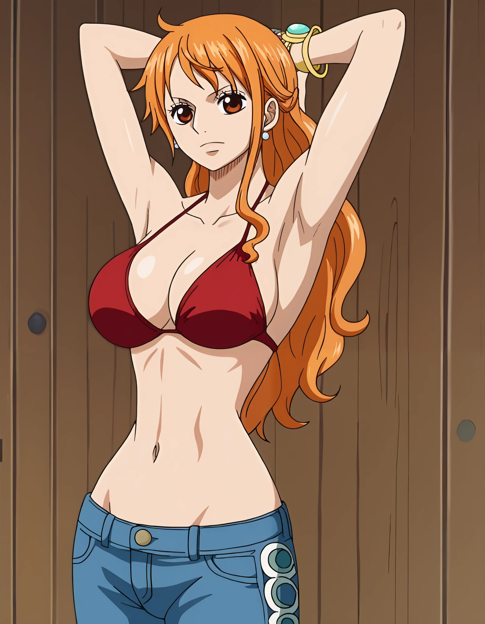 score_9_up, best quality, source_anime, 1girl, Nami, orange hair, from front, red bikini top, jeans, sexy, (armpit:1.7), (medium breasts:1.5), navel, (biceps:0.1)