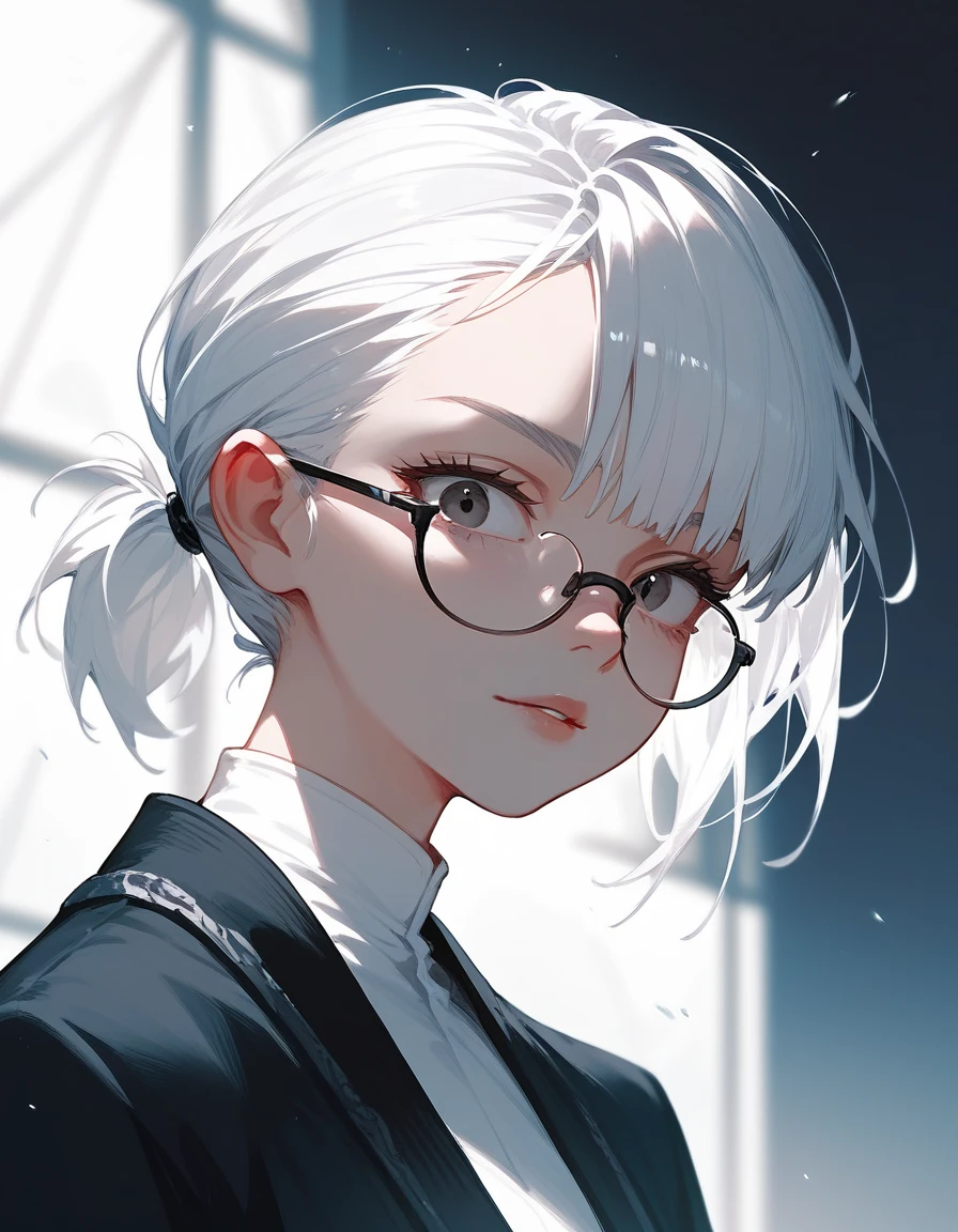 elder sister, thin, Short hair,White hair mixed with black,   wearing glasses  ,  Medium Bust ,  White shirt with long sleeves and black trim,In a completely black eye ,Sharp eyes ,, short ponytail ,cool, Black Robe ,