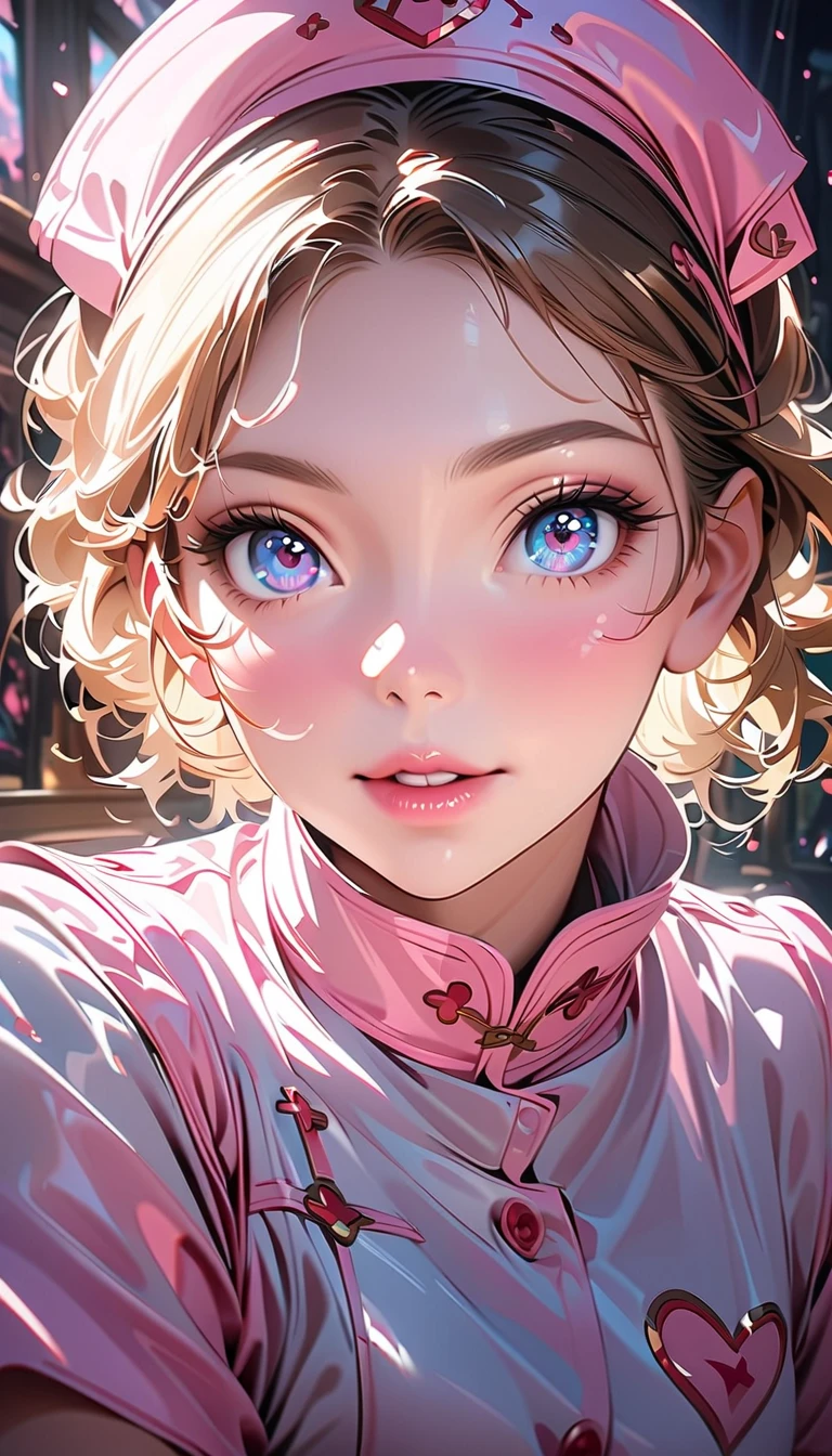 cute nurse in a mischievous pose, beautiful detailed eyes, beautiful detailed lips, extremely detailed eyes and face, long eyelashes, nurse uniform, mischievous expression, intricate details, warm lighting, soft colors, cinematic composition, masterpiece, 8k, high quality, photorealistic