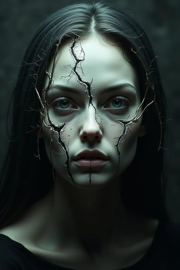 Very pale skinned woman with black and red veins all over her body in a terrifying way, ghostly aspect. sapphire blue eyes and jet black hair. downcast expression while standing in front of a mirror