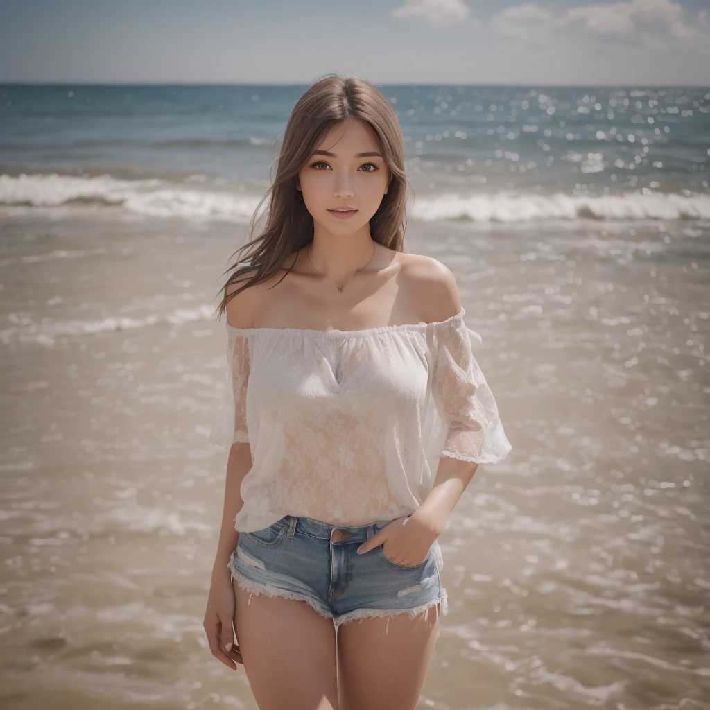 ( highest quality、8K、background、realistic:1.3 )、 One woman、( Blue sky beach )、( very high quality recognition : 1.2)、nature bright sunlight、blue sky、smile : 1、brown hair、hair blowing in the wind、beautiful woman with perfect figure: 1.4、Highly detailed face and skin texture、detailed eyes、double eyelid、very far away : 1.2 、whole body : 1.2、angle from below。The sun is shining on my face。side view。Wearing a ten-gallon hat。