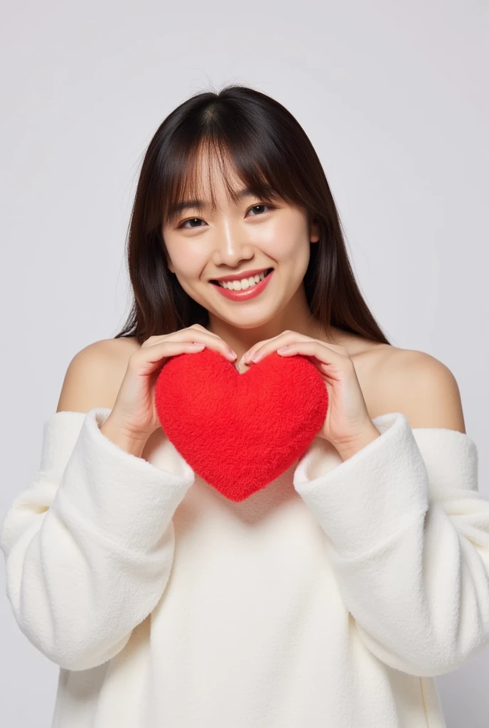  only one woman with a cute smile is cute,  fluffy off-shoulder pajamas ,  make a big heart with both hands , Hold it in front of your chest , View above the collarbone、  background is monotone  、
