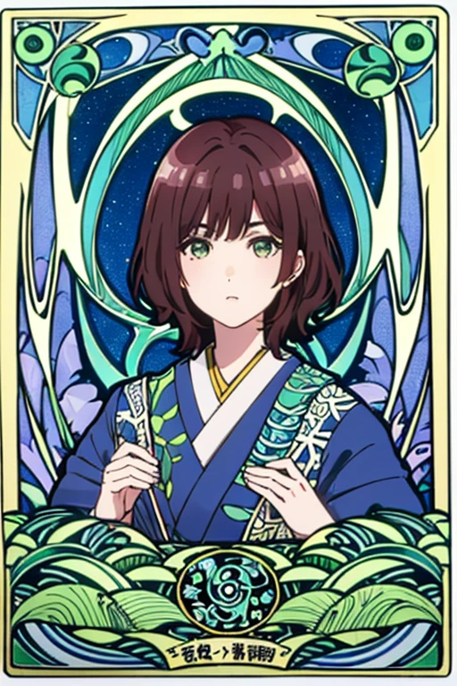 Maximalism,absurdres,masterpiece, best quality, a game Tarot style card (art nouveau:1.5), (zentangle:1.3), BREAK one girl, (card background is (Japanese-style background:1.3), looking viewer, clear face, purity, short brown hair, blue and green theme,
