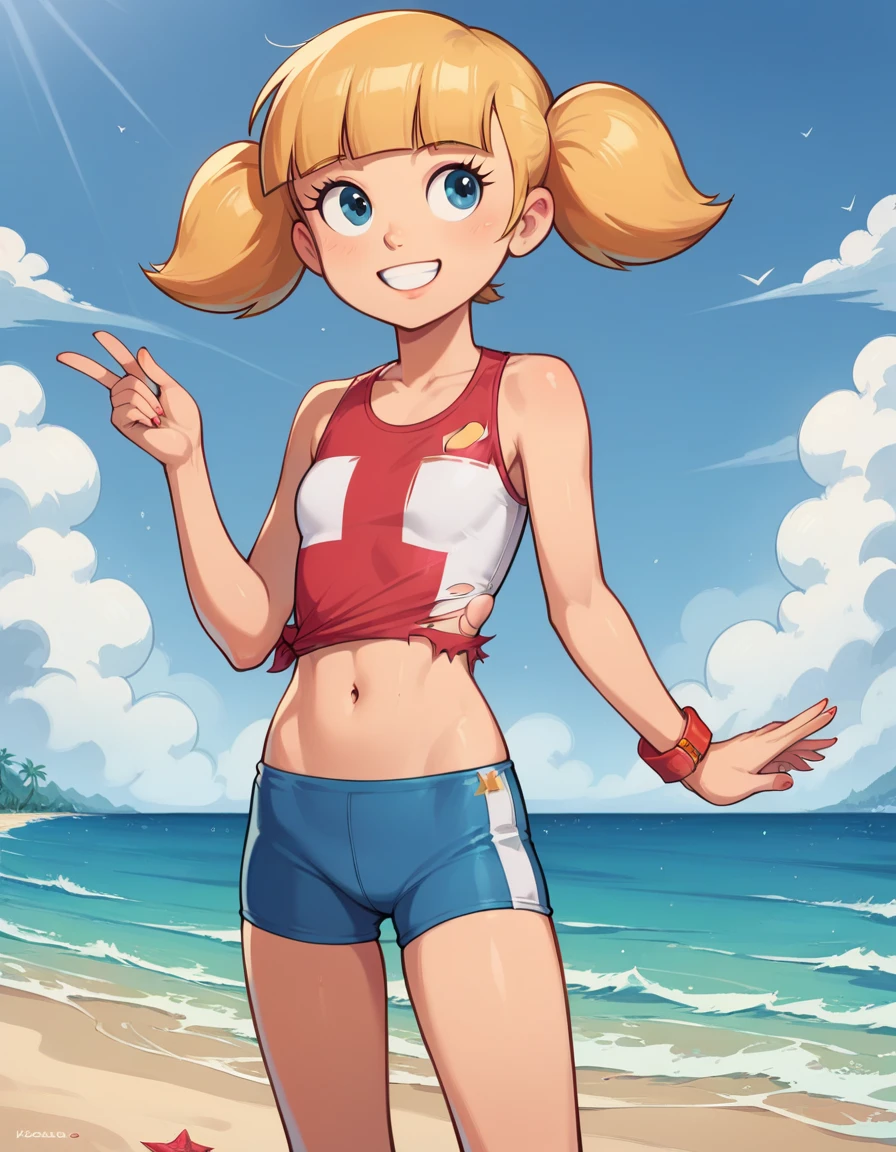 score_9, score_8, score_8_High, score_7_High, sgstyle , TO BREAK, 1fille, Alone, female accent, 1fille, penny_ig, TO BREAK,  penny,  blond hair, twintails, blunt bangs, Alone, beach, ocean, sky, sunny, ( ripped swimsuit), (belly button ,  smile),  masterpiece,  best quality ,