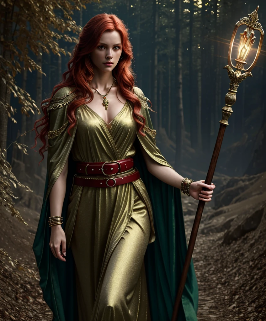 (masterpiece:1.2), (best quality,:1.2), 8k, HDR, ultra detailed, ((photorealistic)), perfect anatomy, professional light, cinematic lighting, fashion photography, ambient lighting,OverallDetail, (DarkFantasy:0.2),  a beautiful red haired female sorcerer, wearing elaborate emerald robes, bracers, belt, jewelry, holding a staff, (perfect hand), epiCPhoto