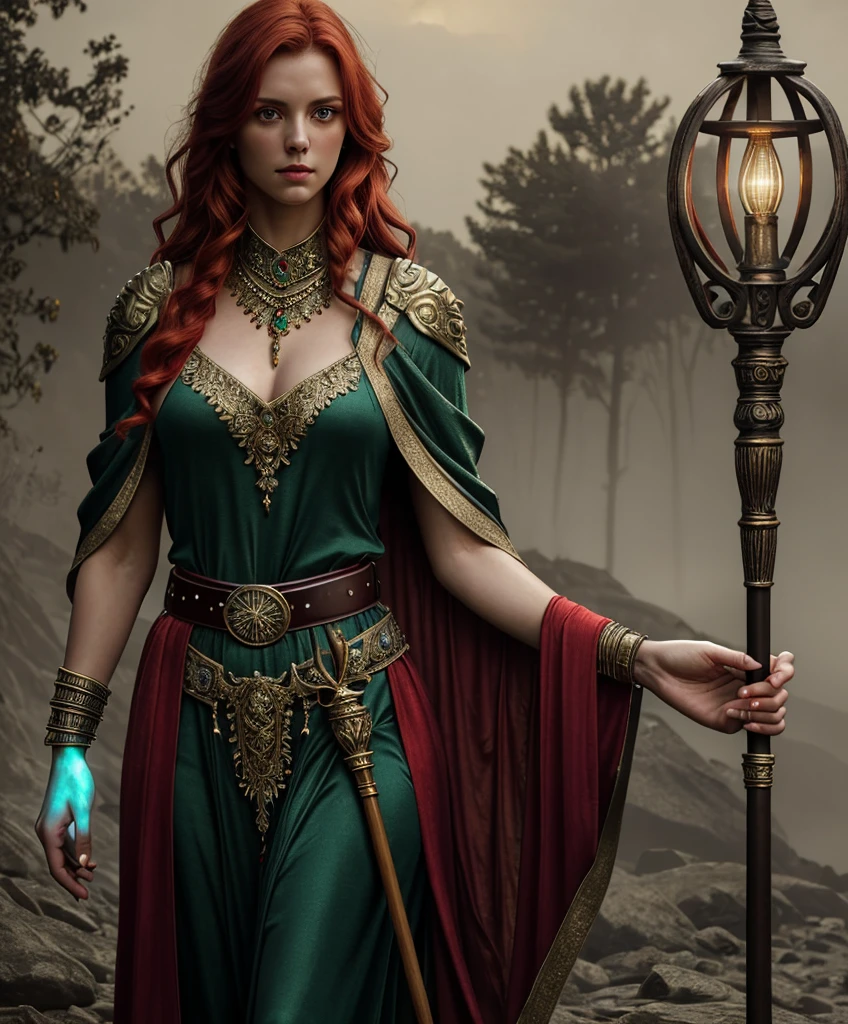 (masterpiece:1.2), (best quality,:1.2), 8k, HDR, ultra detailed, ((photorealistic)), perfect anatomy, professional light, cinematic lighting, fashion photography, ambient lighting,OverallDetail, (DarkFantasy:0.2),  a beautiful red haired female sorcerer, wearing elaborate emerald robes, bracers, belt, jewelry, holding a staff, (perfect hand), epiCPhoto