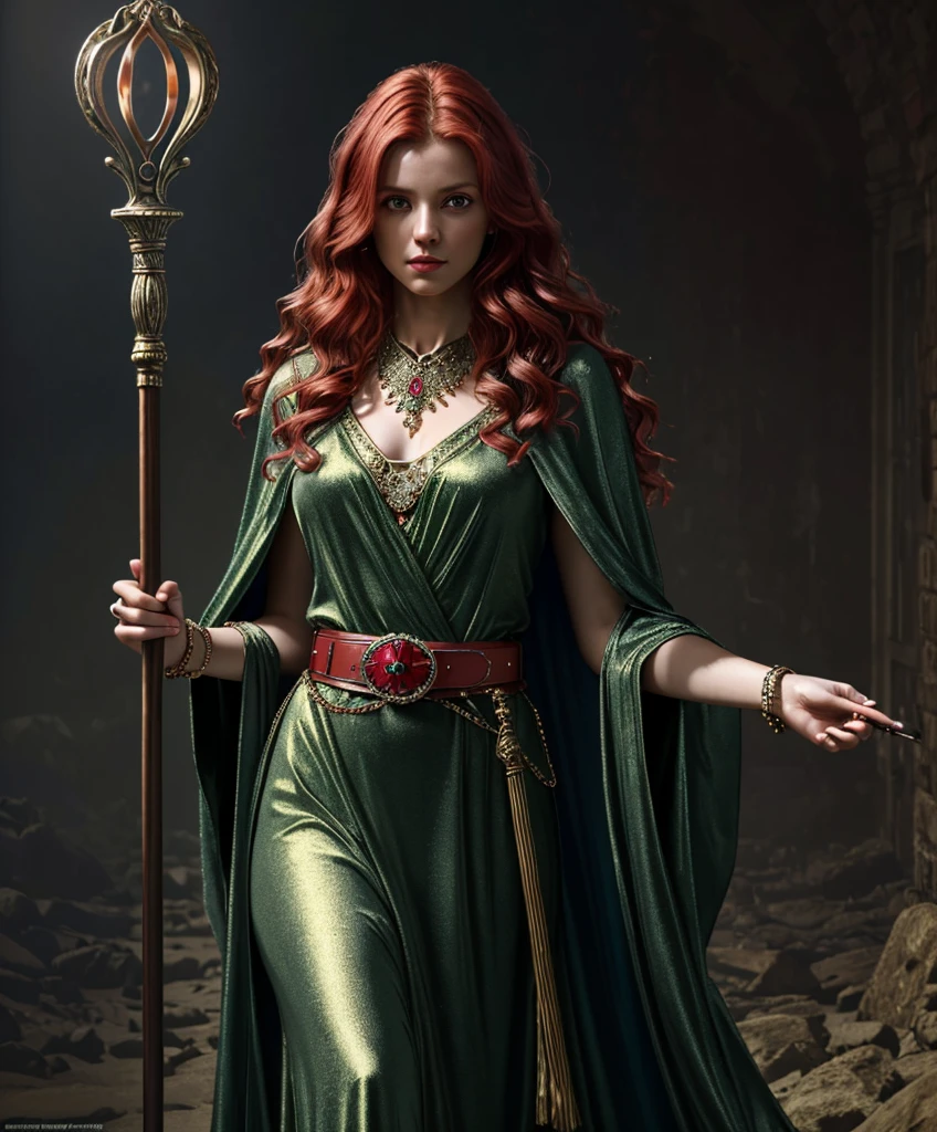 (masterpiece:1.2), (best quality,:1.2), 8k, HDR, ultra detailed, ((photorealistic)), perfect anatomy, professional light, cinematic lighting, fashion photography, ambient lighting,OverallDetail, (DarkFantasy:0.2),  a beautiful red haired female sorcerer, wearing elaborate emerald robes, bracers, belt, jewelry, holding a staff, (perfect hand), epiCPhoto