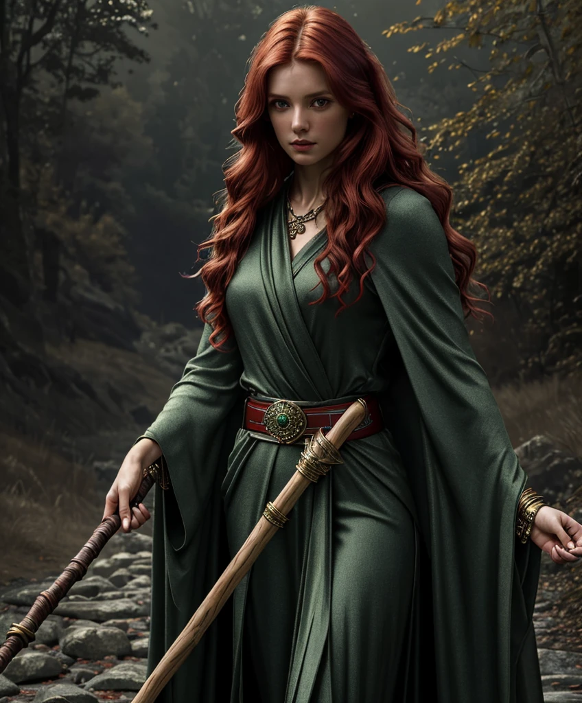 (masterpiece:1.2), (best quality,:1.2), 8k, HDR, ultra detailed, ((photorealistic)), perfect anatomy, professional light, cinematic lighting, fashion photography, ambient lighting,OverallDetail, (DarkFantasy:0.2),  a beautiful red haired female sorcerer, wearing elaborate emerald robes, bracers, belt, jewelry, holding a staff, (perfect hand), epiCPhoto