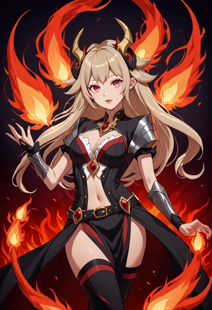 Burnice’s form shifts, her appearance becoming more fiery and imposing.  Her hair seems to ignite, becoming a swirling mass of flames.  Her eyes glow with an intense red light, and her skin shimmers with an inner fire.  Tendrils of flame dance around her body, licking at her clothes but not consuming them.