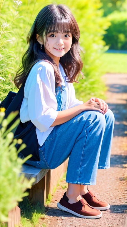 Anime girl wearing a hat and sitting on a bench, marin kitagawa fanart, Anime girl crouching, Cute girl anime visuals, Anime Moe Art Style, Purple Overalls Shorts, Official Art, baggy Purple Overalls Shorts, Young woman anime visual, High quality anime art style, Lucy anime girl, Official Artwork, nagatoro