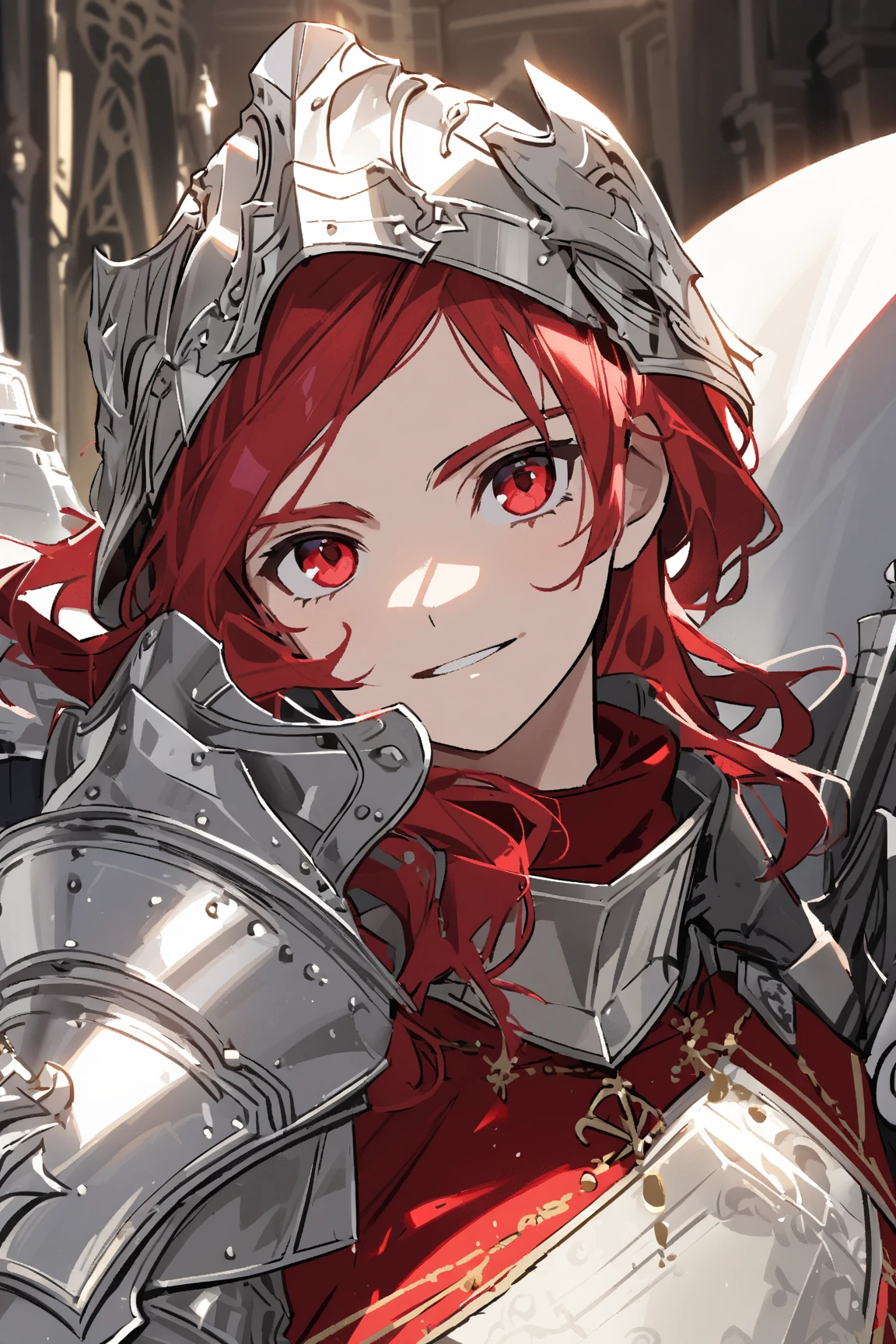 One Beautiful face young boy, Red ruby eyes, medieval gold long hair, silver knight heavy Armour, Red cloth, Paladin, Sacred. Smile, no helmet