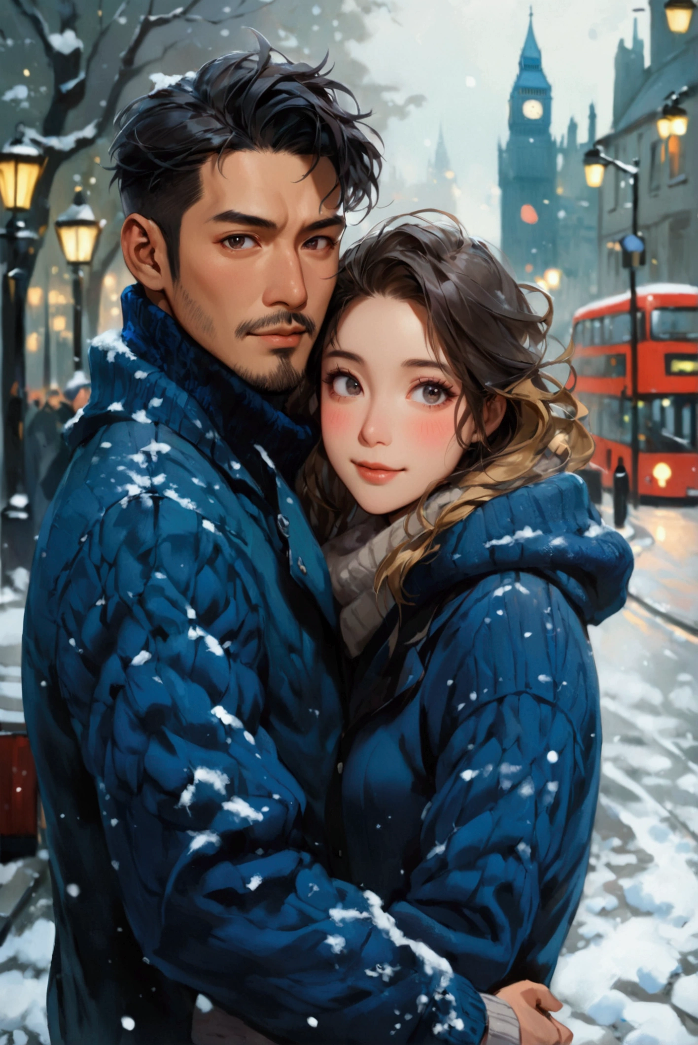 Portray a full shot of an international couple walking arm in arm amid London's winter magic. The couple is looking directly in to the camera exposing their gentle blushes. The couple features an Asian man in his thirties and a white European woman in her twenties. The man has a strong square face, light olive skin, golden undertone, round black eyes, low cheek bones, a prominent nose, and short black hair. He is dressed in a blue stadium jacket. The pretty oval face of the European woman is defined by almond eyes in light hazel color, low cheek bones, prominent nose, blonde hair and fair complexity. She is dressed in a blue sweater. London background on a chilly evening with gray sky, ((full shot)), ((looking at viewer)), ((Asian man)), ((European woman)), (couple shot), (round eyes), ((wide view)), highly detailed, soft lighting, natural makeup, vibrant colors, ((prominent nose)), ((excited expression)), ((from below)), 