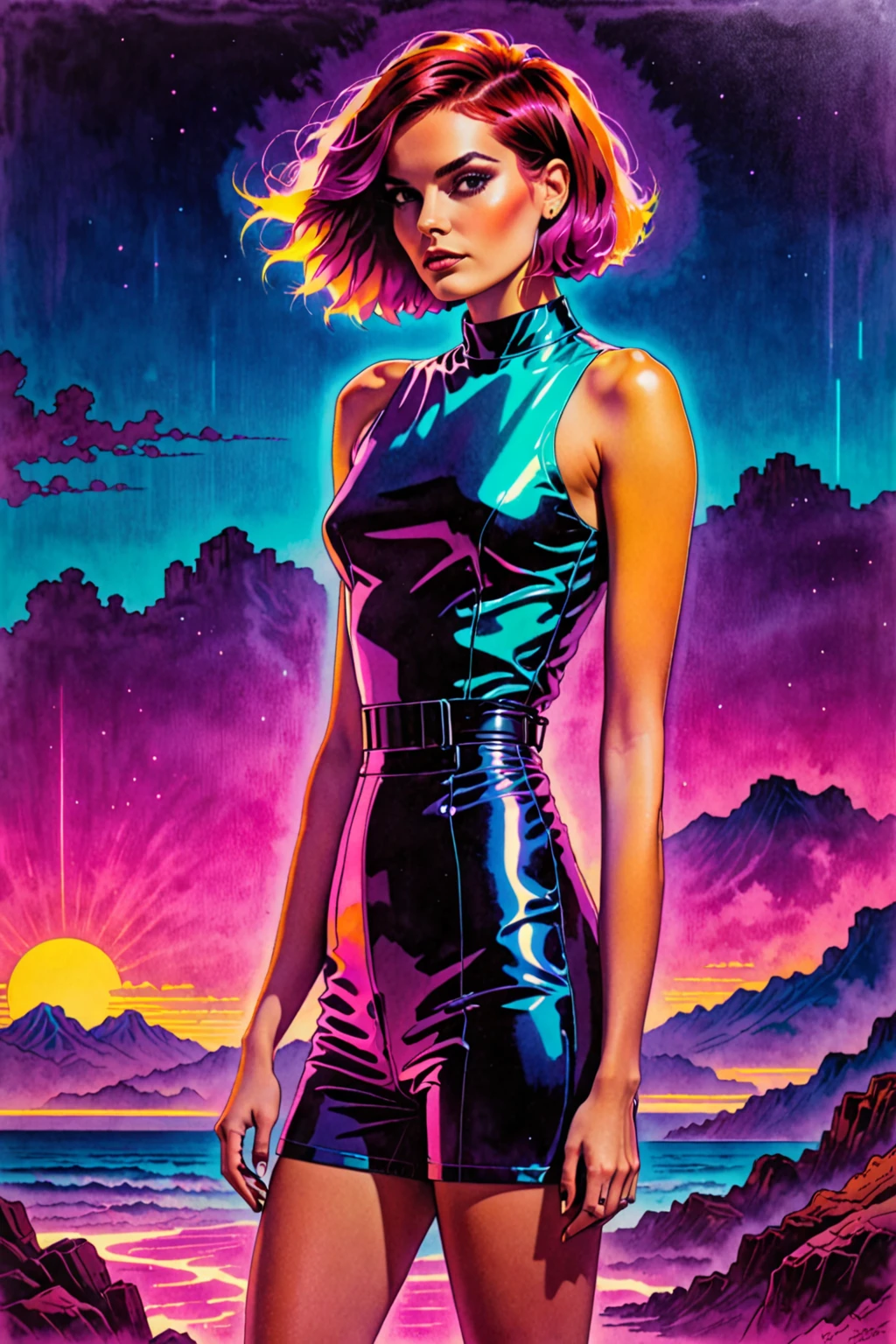 retro ink, full body portrait of a beautiful woman, neon, Blunt haircut, Ombre ,Mahogany glow, breathtaking scenery 