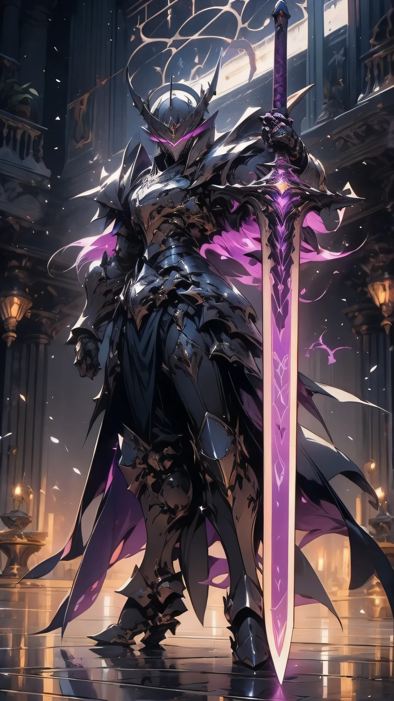 arafed knight standing in a dark room with a sword, burnt armor, purple fire color reflected armor, steampunk bioarmor, whitewood forest themed armor, demonic dragon inspired armor, corrupted armor, gothic armor, purple and white color armor, cyberpunk flame suit, prince crown of white gears, zombie cyborg, demonic! compedium!, white leather armour, white gears, purple fire sword, a close up of a person holding a sword in a space, badass anime 8 k, dragon knight, anime epic artwork, epic fantasy digital art style, fantasy knight, epic fantasy art style, 8k high quality detailed art, fantasy paladin, epic fantasy art style.