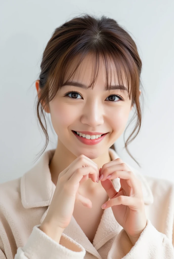  only one woman with a cute smile is cute,  fluffy off-shoulder pajamas ,  make a big heart with both hands , Hold it in front of your chest , View above the collarbone、  background is monotone  、 (photo  realistic :1.4), (hyper  realistic :1.4), ( realistic :1.3), ( Illuminated smart lighting :1.05), (Improving the quality of cinema lighting:0.9),  realistic  lighting, Backlight,  Light that illuminates your face ,   raytracing  , (  bright light:1.2), (Improved quality:1.4), (Highest quality  realistic  textured skin:1.4),(    enhances the beauty of skin texture :1.1),((   extremely accurate and precise anatomy  :1.0)), (    enhances the beauty of skin texture :1.1),   realistic なライティング, ( Illuminated smart lighting :1.05), 32K,   One Japanese Woman in Tea Ceremony Class , fine grain,   detailed face  , ( Film Grain :1.1),(Accentuate your curves:1.1),    high definition  ,   natural look , Kind eyes,  Subtle Light and Shadow ,   vivid details  , Soft light reflection,  beautiful outline, Delicate skin tones, 

