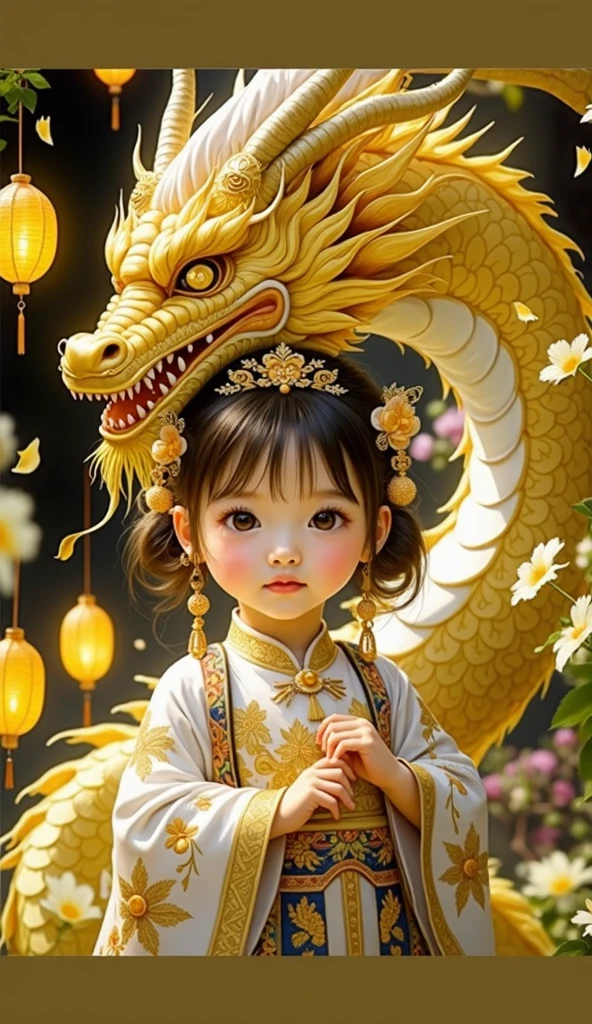 1 year old Chinese girl,Lovely, Round your face,Slept in a golden dragon bed, Two-horned dragon, Shutterstock Contest Winner, Fantasy art, Illustrated images, A dragon made of clouds, Chinese Fantasy, Camera shot, Intricate and sophisticated details, high quality,Japanese girl