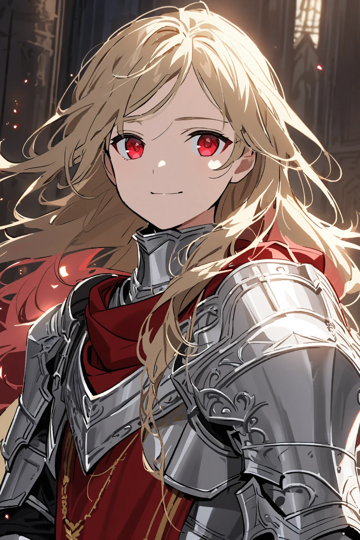 One Beautiful face young boy, Red ruby eyes, medieval gold long hair, silver knight heavy Armour, Red cloth, Paladin, Sacred. Smile, no helmet