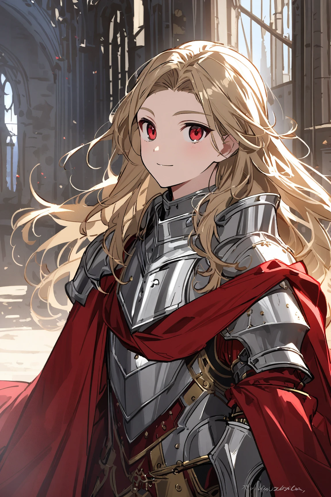 One Beautiful face young boy, Red ruby eyes, medieval gold long hair, silver knight heavy Armour, Red cloth, Paladin, Sacred. Smile, no helmet