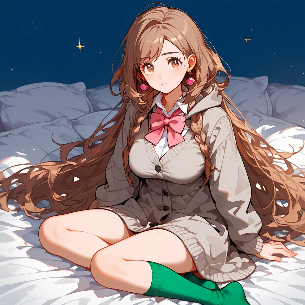 (8k,  top quality,   Masterpiece :1.3), pose, 1 girl in uniform,  very beautiful face  , random expression ,ＪＫ_ style for stilets ,(Age 19),Big Breasts, (pokemon), brown hair, brown eyes, grey cardigan, hooded cardigan, cable knit, pink dress, green socks, long sleeves, collared dress,