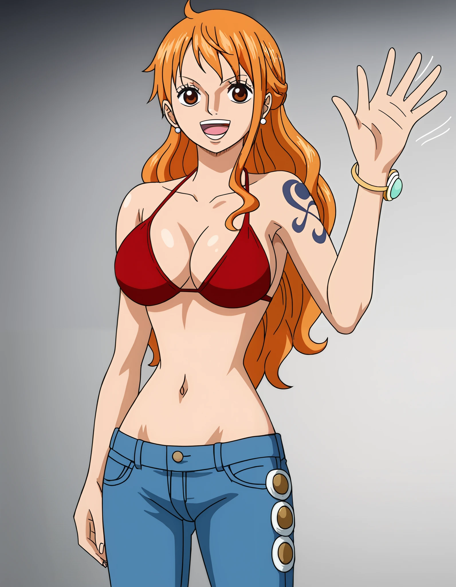 score_9_up, best quality, source_anime, 1girl, Nami, orange hair, red bikini top, jeans, sexy, (waving:1.7), (medium breasts:1.5), navel, (biceps:0.1), wrestling