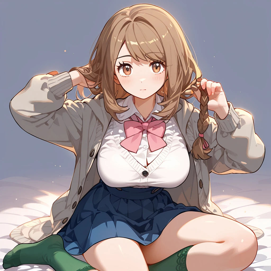 (8k,  top quality,   Masterpiece :1.3), pose, 1 girl in uniform,  very beautiful face  , random expression ,ＪＫ_ style for stilets ,(Age 19),Big Breasts, (pokemon), brown hair, brown eyes, grey cardigan, hooded cardigan, cable knit, pink dress, green socks, long sleeves, collared dress,