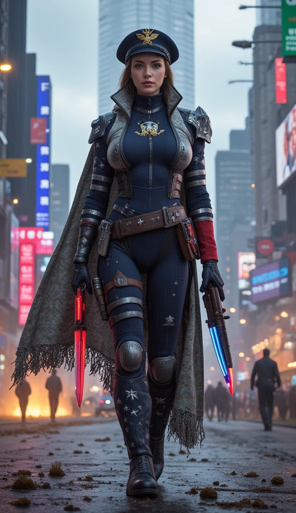 A cute woman (cate blanchett, sagging breasts), neon trim sexy battle suit, wielding an enormous laser sword, Neo Tokyo at night
