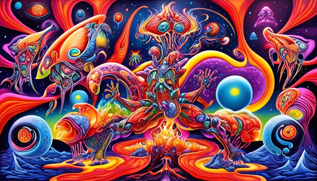 Perolinga aliens 、 psychedelic style nanoinfused mutants,  mutants with nanobots integrated into the body ,   mutants with nanobots built into the body  ,  dark nebula in the background , .  vibrant colors, Swirling pattern, Abstract Forms ,  surreal, Trippy